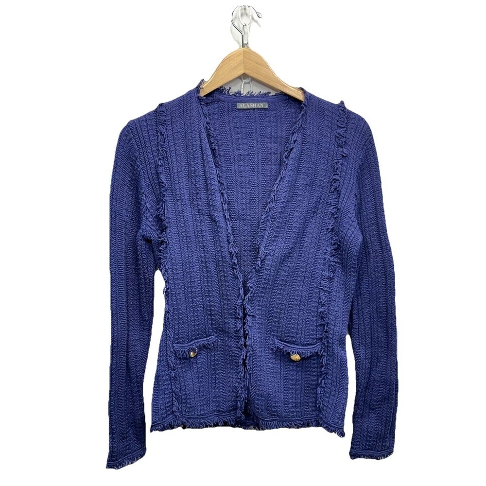 Alashan Cotton Cashmere Cardigan Small Sapphire Blue Fringe Boho Hook Eye